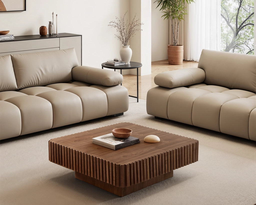 35.43" Handcrafted Square Drum Coffee Table - Modern Wooden Design with Sturdy MDF Pedestal