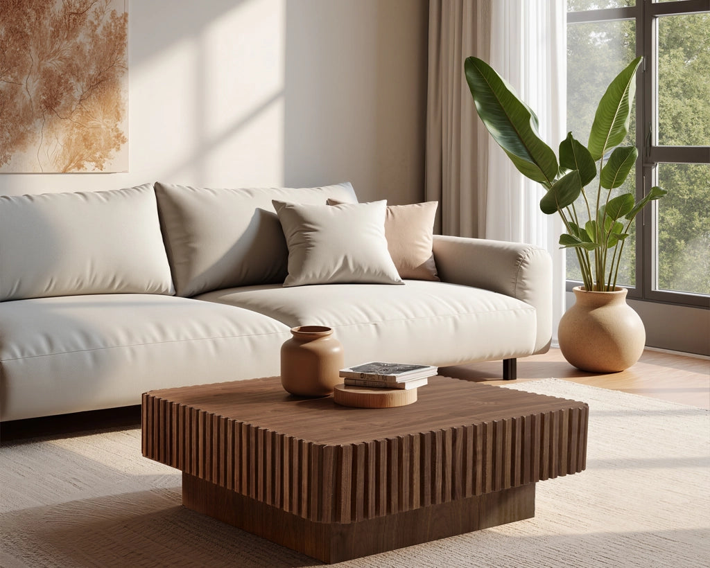 35.43" Handcrafted Square Drum Coffee Table - Modern Wooden Design with Sturdy MDF Pedestal
