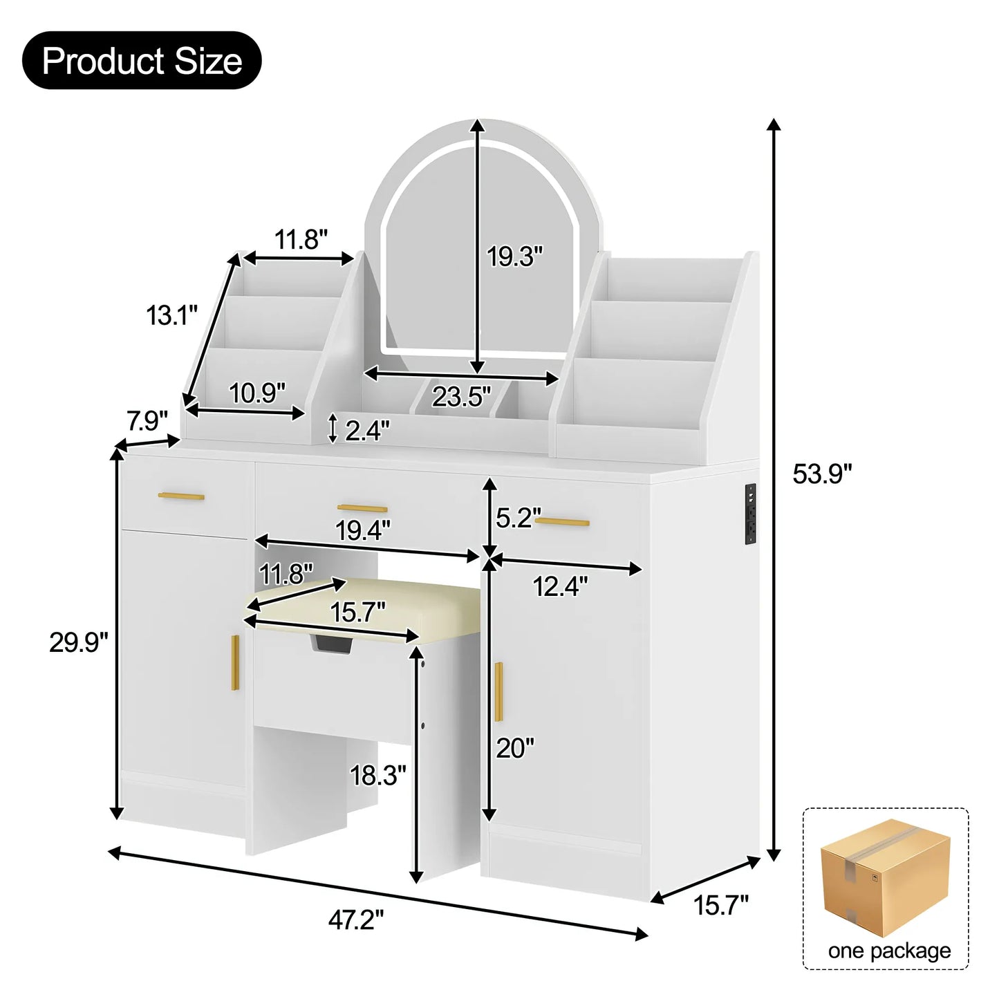 47.2" Makeup Vanity Set with LED Mirror, Storage Stool & Drawers - White