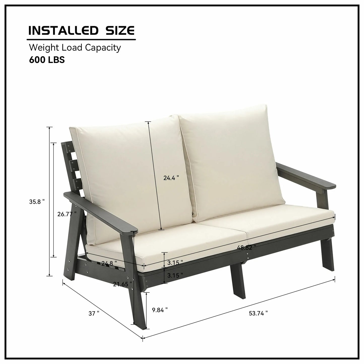 HIPS Loveseat with Cushion, Wood Grain Outdoor Garden Sofa