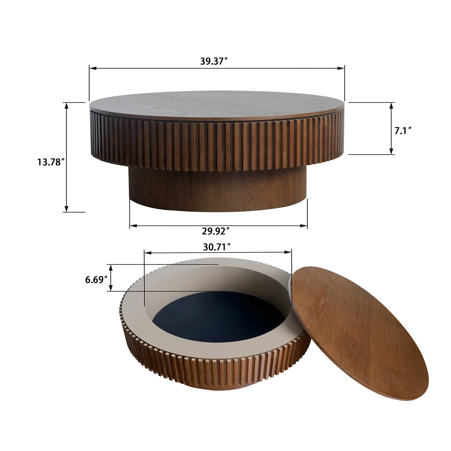 31.5'' Round Coffee Table with Storage Solid Wood Veneered