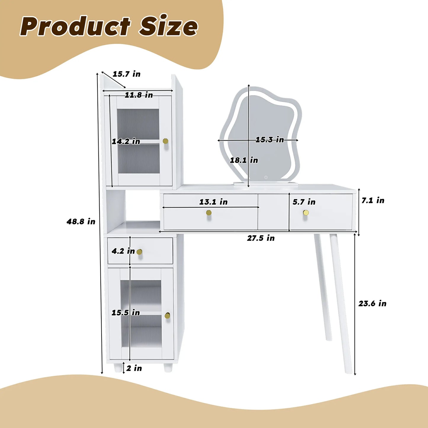 Adjustable LED Mirror Vanity Desk with Hidden Storage & Drawers