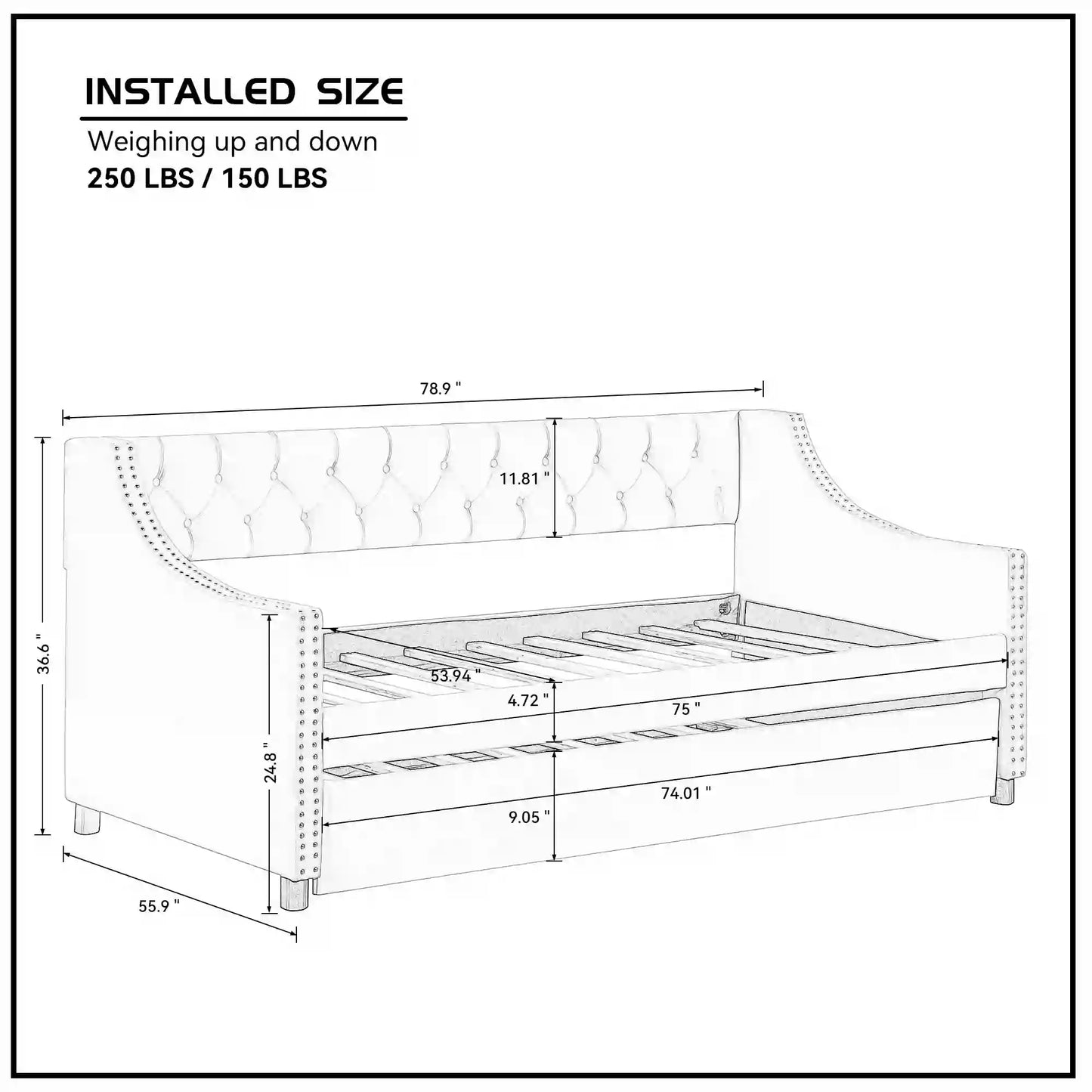 79*56"Daybed with Trundle Upholstered Tufted Sofa Bed, with Button and Copper Nail on Arms Beige/Malmo