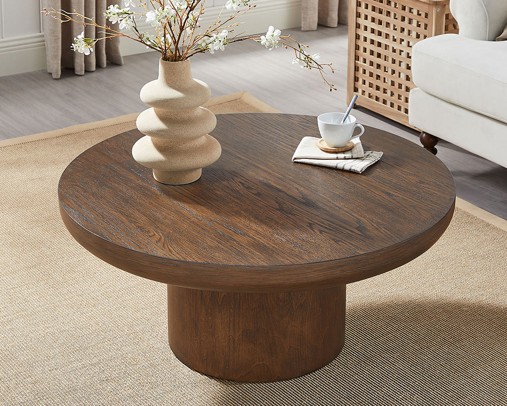 35.98'' Round Wood Veneer Coffee Table with Cylindrical Legs – Modern Side Table