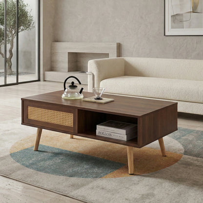 41.34" Rattan Coffee Table – Sliding Door Storage, Solid Wood Legs