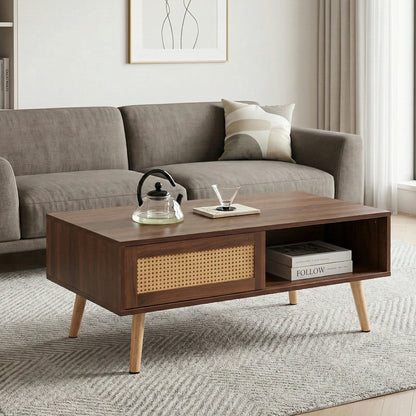 41.34" Rattan Coffee Table – Sliding Door Storage, Solid Wood Legs