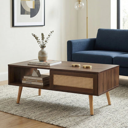 41.34" Rattan Coffee Table – Sliding Door Storage, Solid Wood Legs