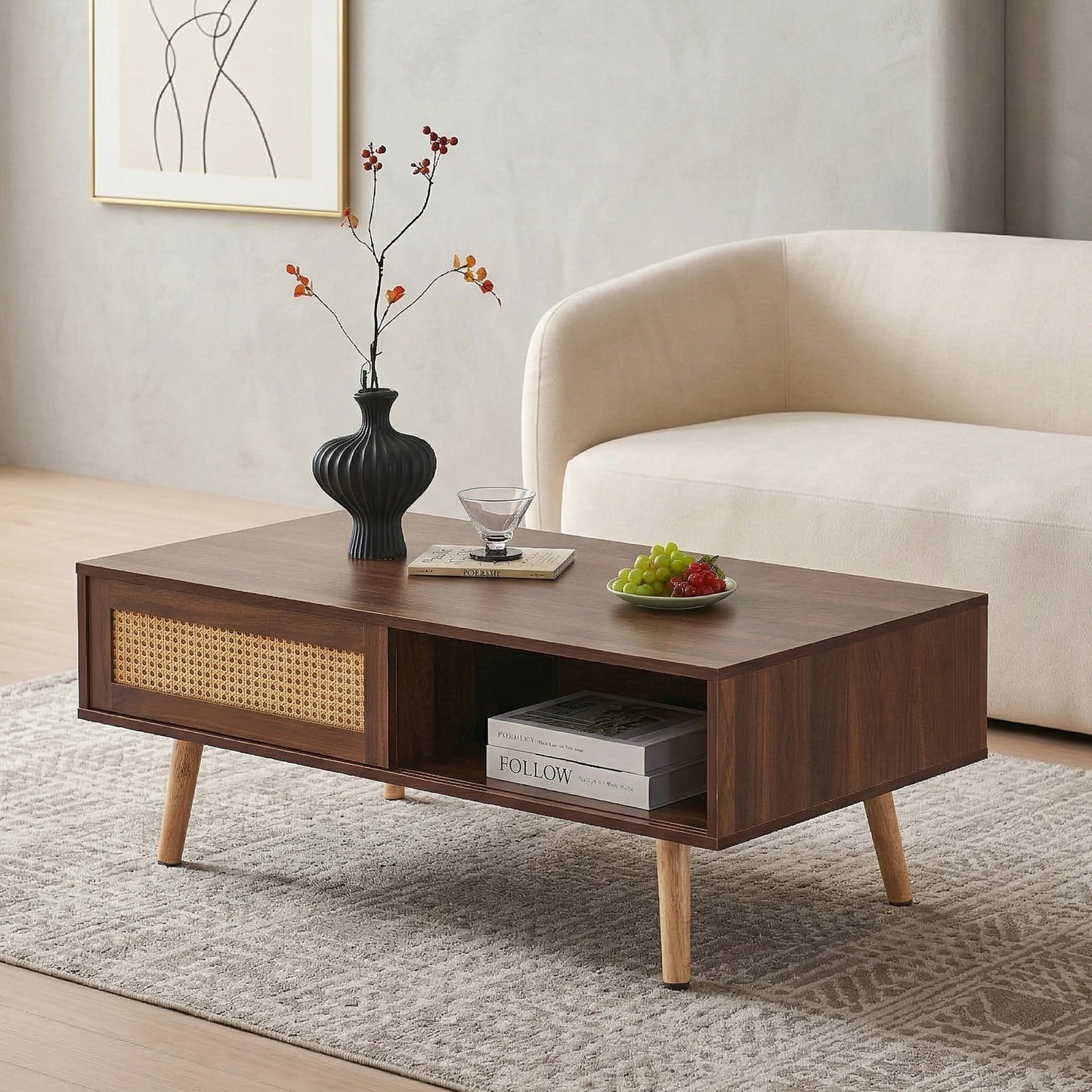 41.34" Rattan Coffee Table – Sliding Door Storage, Solid Wood Legs