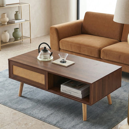 41.34" Rattan Coffee Table – Sliding Door Storage, Solid Wood Legs