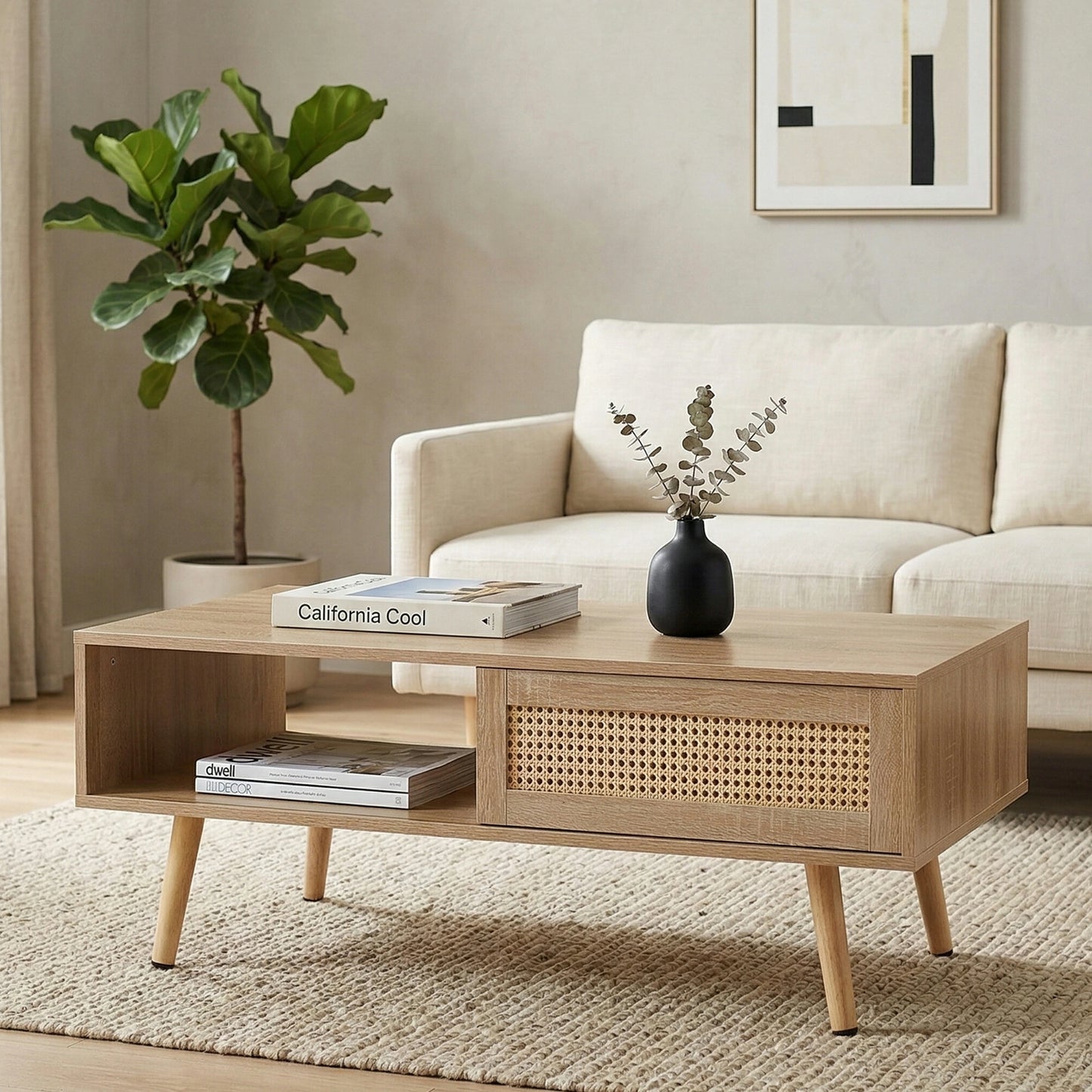 41.34" Rattan Coffee Table – Sliding Door Storage, Solid Wood Legs