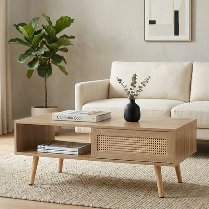 41.34" Rattan Coffee Table – Sliding Door Storage, Solid Wood Legs
