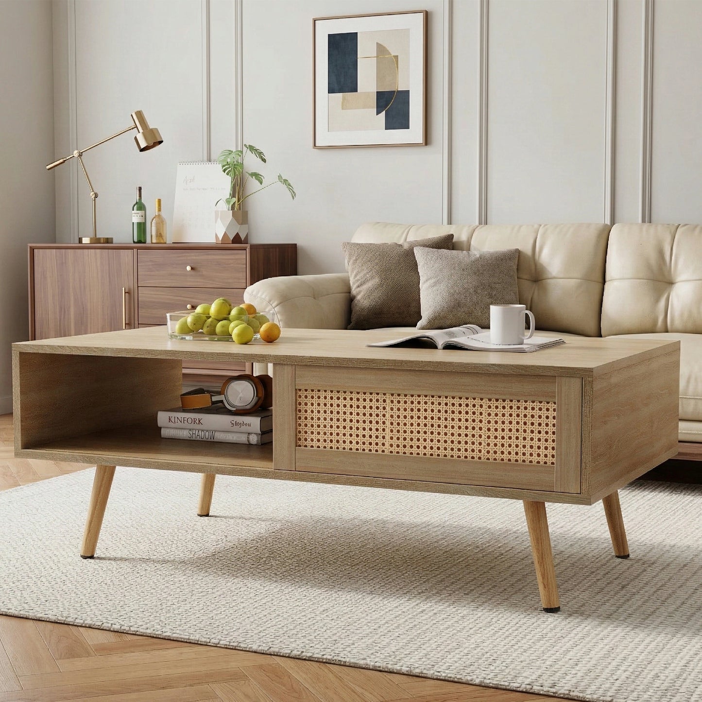 41.34" Rattan Coffee Table – Sliding Door Storage, Solid Wood Legs