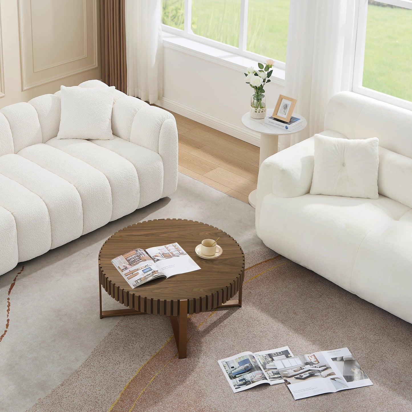 Modern Handcrafted 31.5" Round Drum Coffee Table with Stainless Steel Pedestal