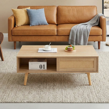41.34" Rattan Coffee Table – Sliding Door Storage, Solid Wood Legs