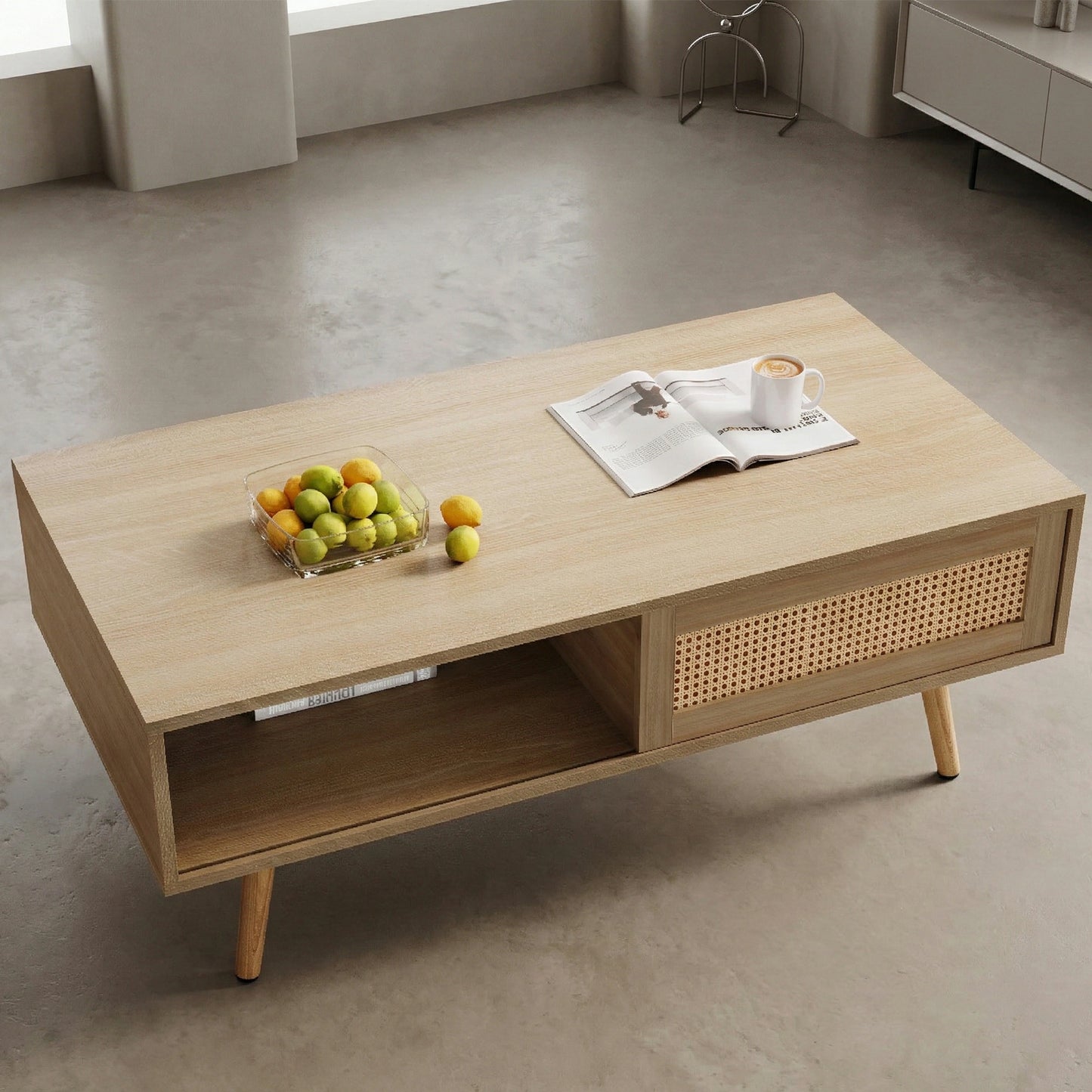 41.34" Rattan Coffee Table – Sliding Door Storage, Solid Wood Legs