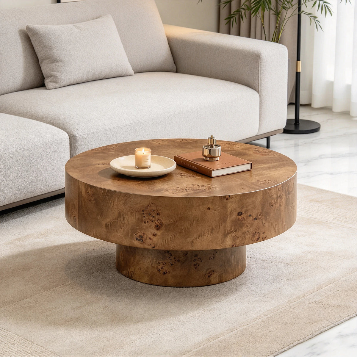 31.5" Round Wood Coffee Table with Burl Wood Veneer