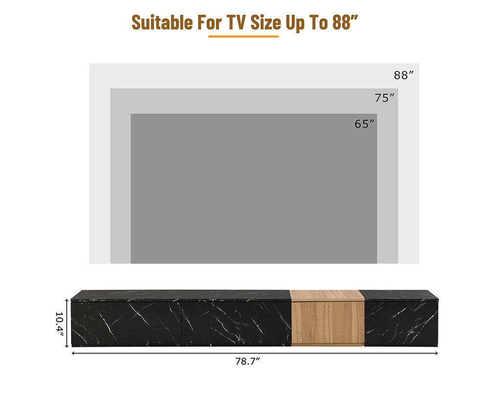 Modern TV Stand with Faux Marble & Walnut Finish for 88" TVs, 4-Drawer