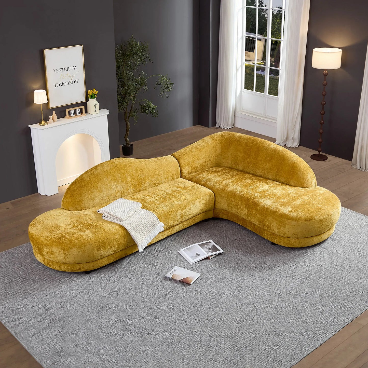 113.78" Mid-Century Chaise Sofa – Right Facing, Upholstered, Yellow