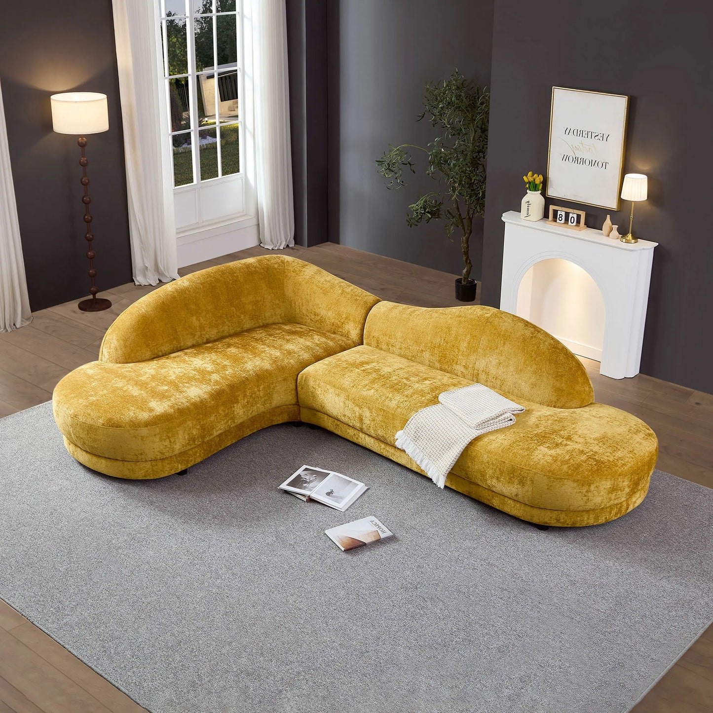 113.78" Mid-Century Chaise Sofa – Right Facing, Upholstered, Yellow