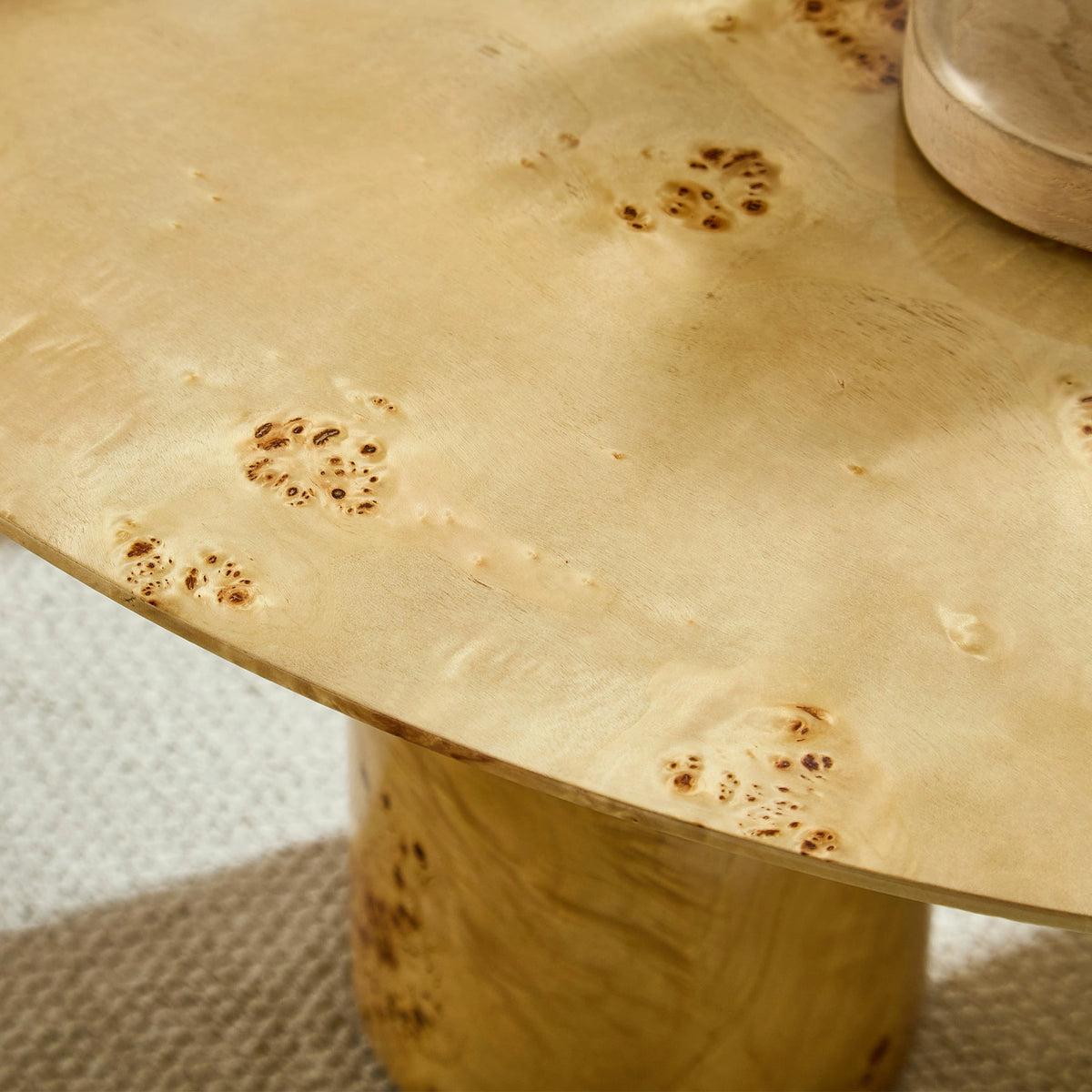 43.31" Burl Veneer Oval Coffee Table – 3 Cylindrical Legs, Mid-Century