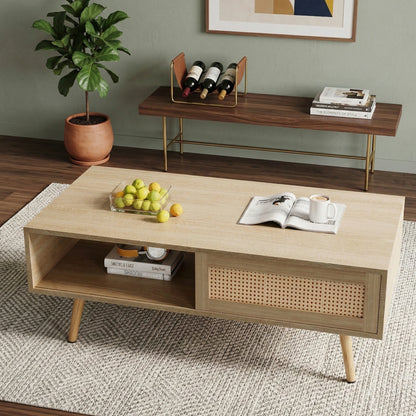 41.34" Rattan Coffee Table – Sliding Door Storage, Solid Wood Legs