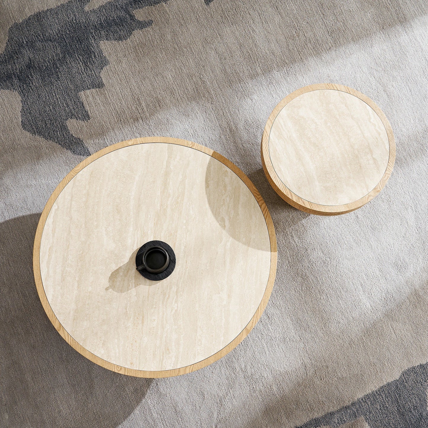 Set of 2 Round Coffee Tables – Sintered Stone Top, Walnut