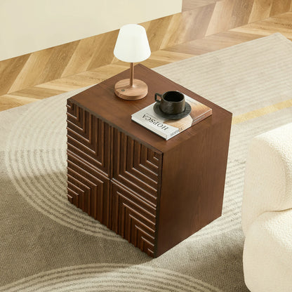 Wooden Side Cabinet – Geometric Embossed Relief, 2 Drawers