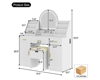 47.2" Makeup Vanity Set with LED Mirror, Storage Stool & Drawers - White