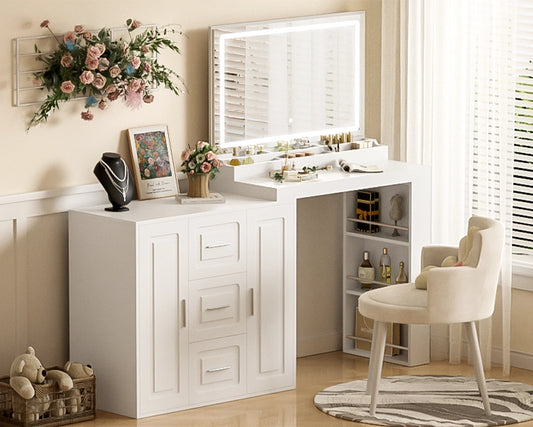 59" Lighted Mirror Vanity Desk with Drawers & Cabinets - White