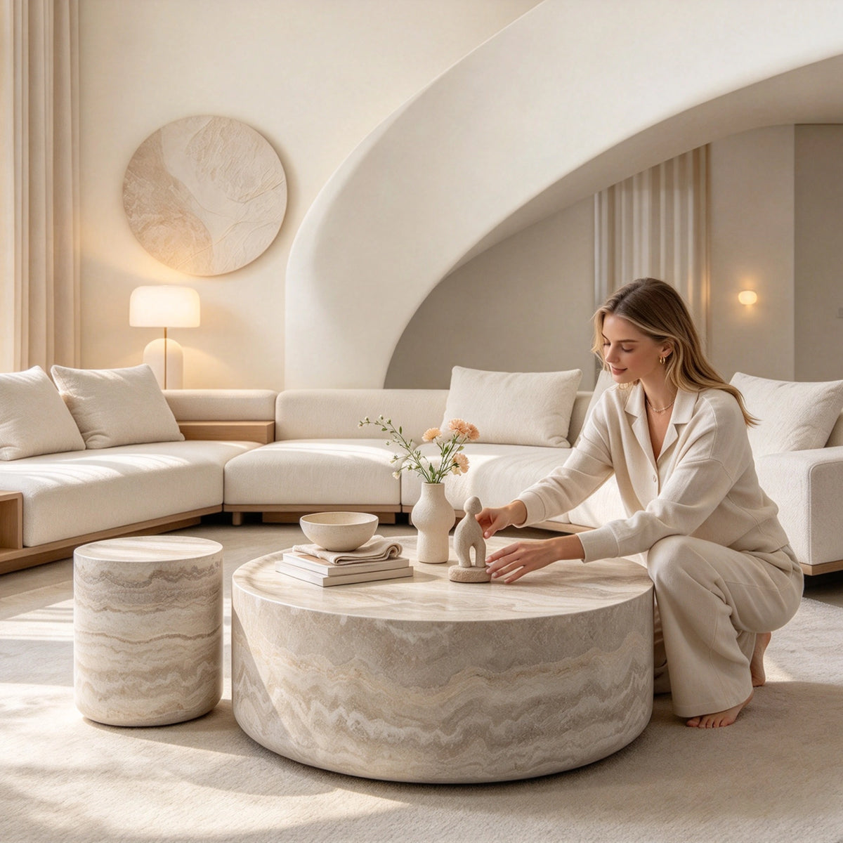 35.4"+15.7" Set of 2 Faux Mars Marble Round Coffee Tables