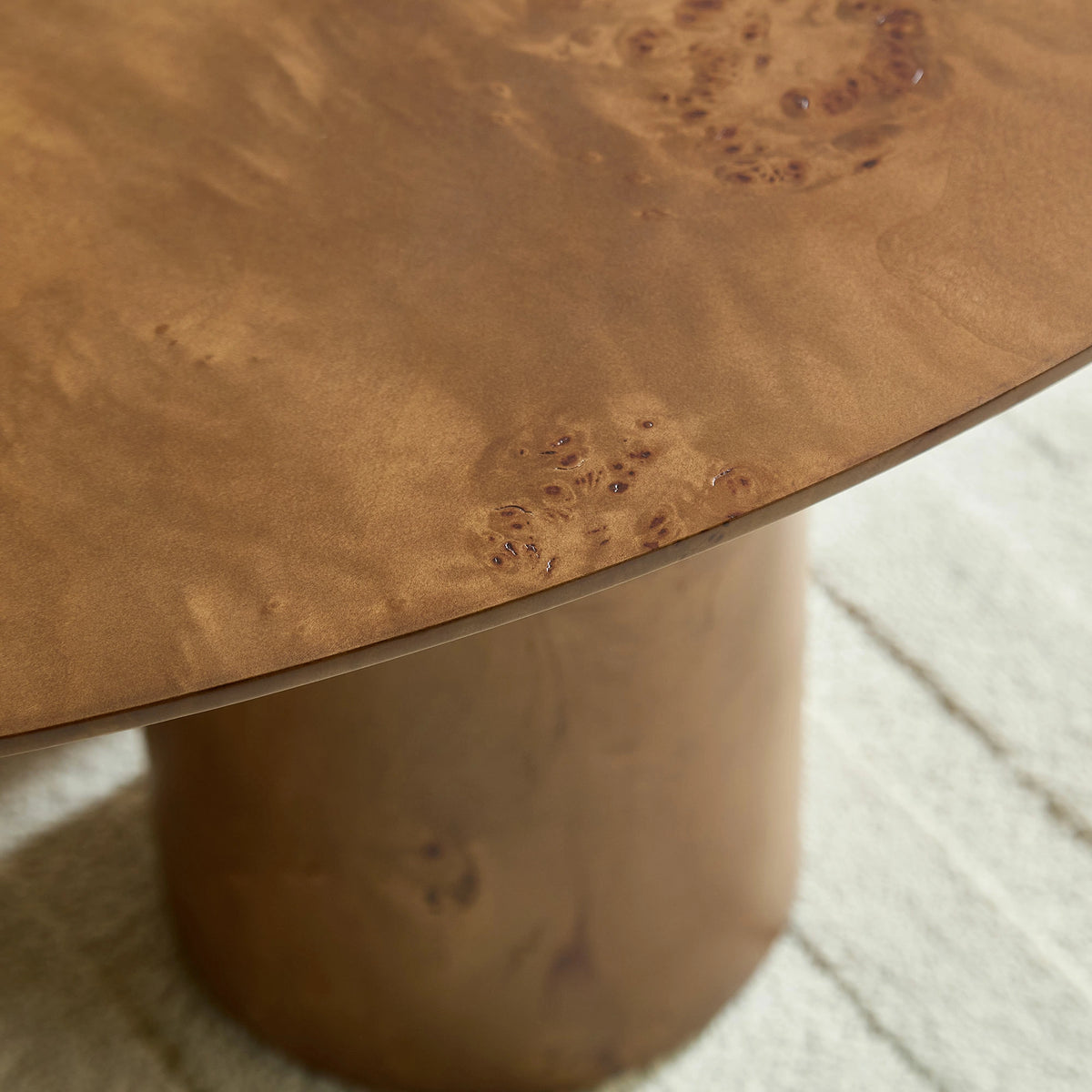 43.31" Burl Veneer Oval Coffee Table – 3 Cylindrical Legs, Mid-Century