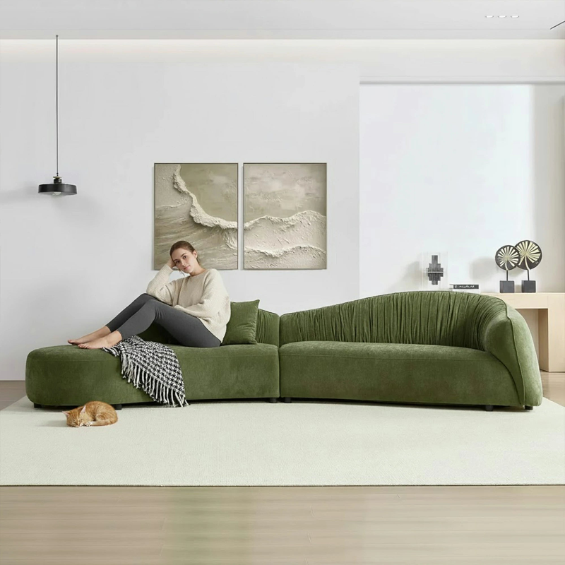 145" Mountain Mid-Century Green Upholstered Couch with Chaise