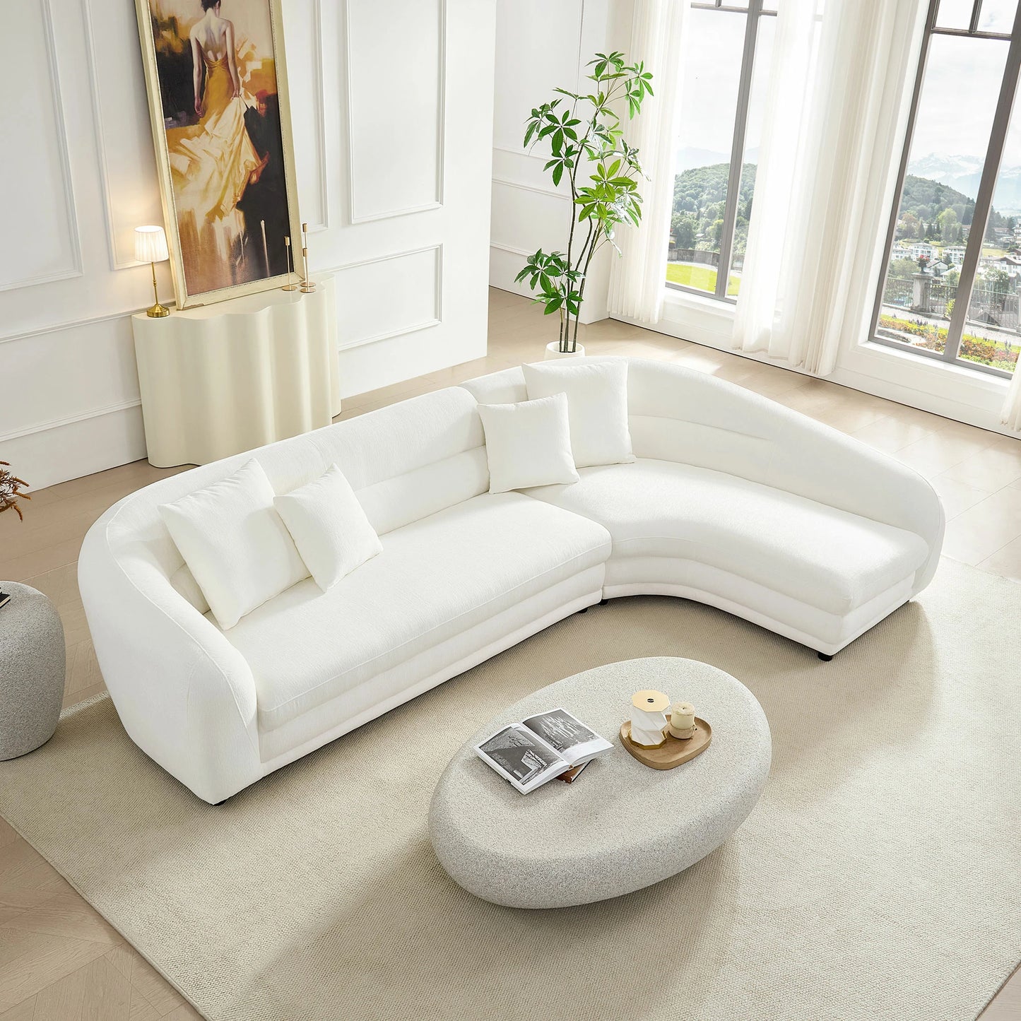 125" Curved Modular Left/Right L-Shape Sofa – Comfy with Pillows, Upholstered