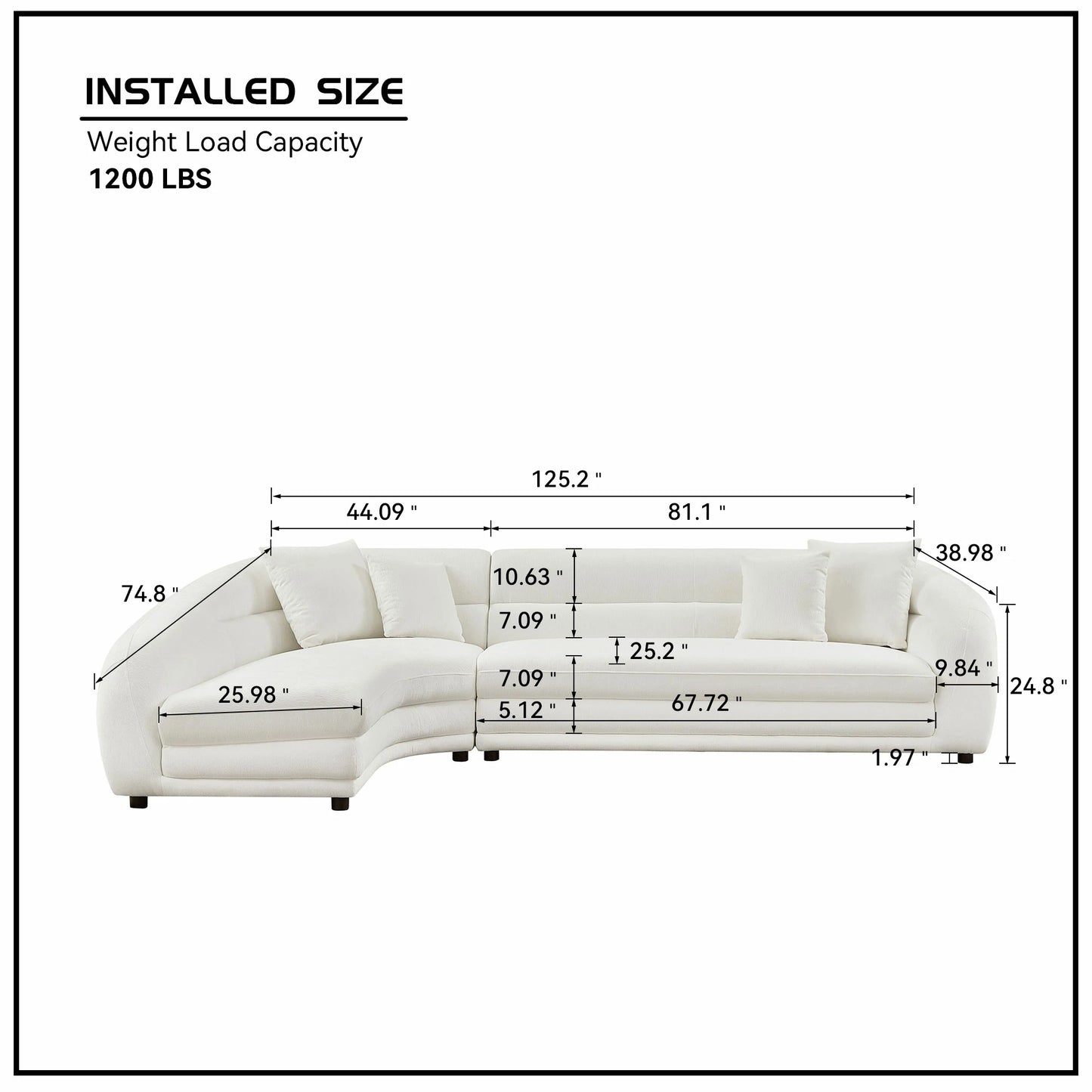 125" Curved Modular Left/Right L-Shape Sofa – Comfy with Pillows, Upholstered
