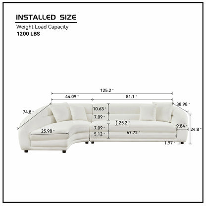 125" Curved Modular Left/Right L-Shape Sofa – Comfy with Pillows, Upholstered