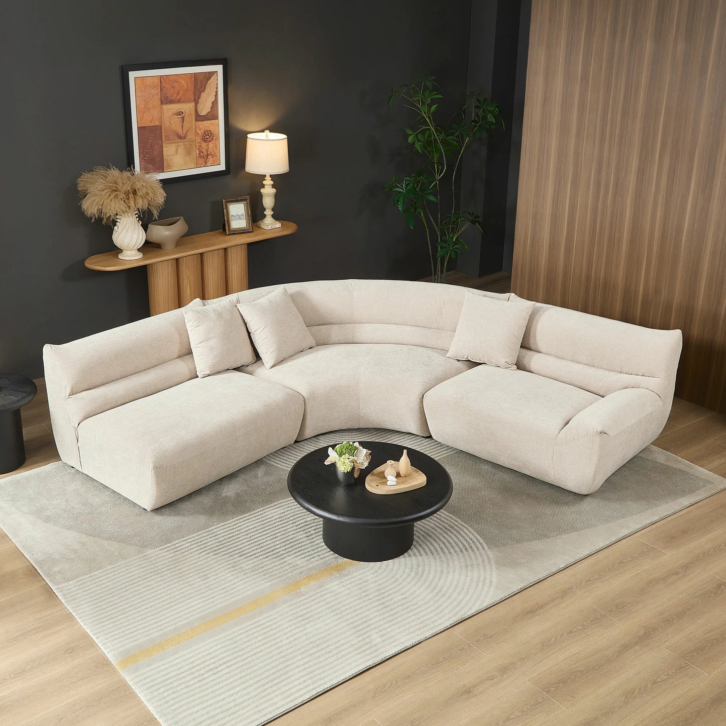 3-Piece Modular Curved Sofa – Free-Form, 3 Pillows, Upholstered