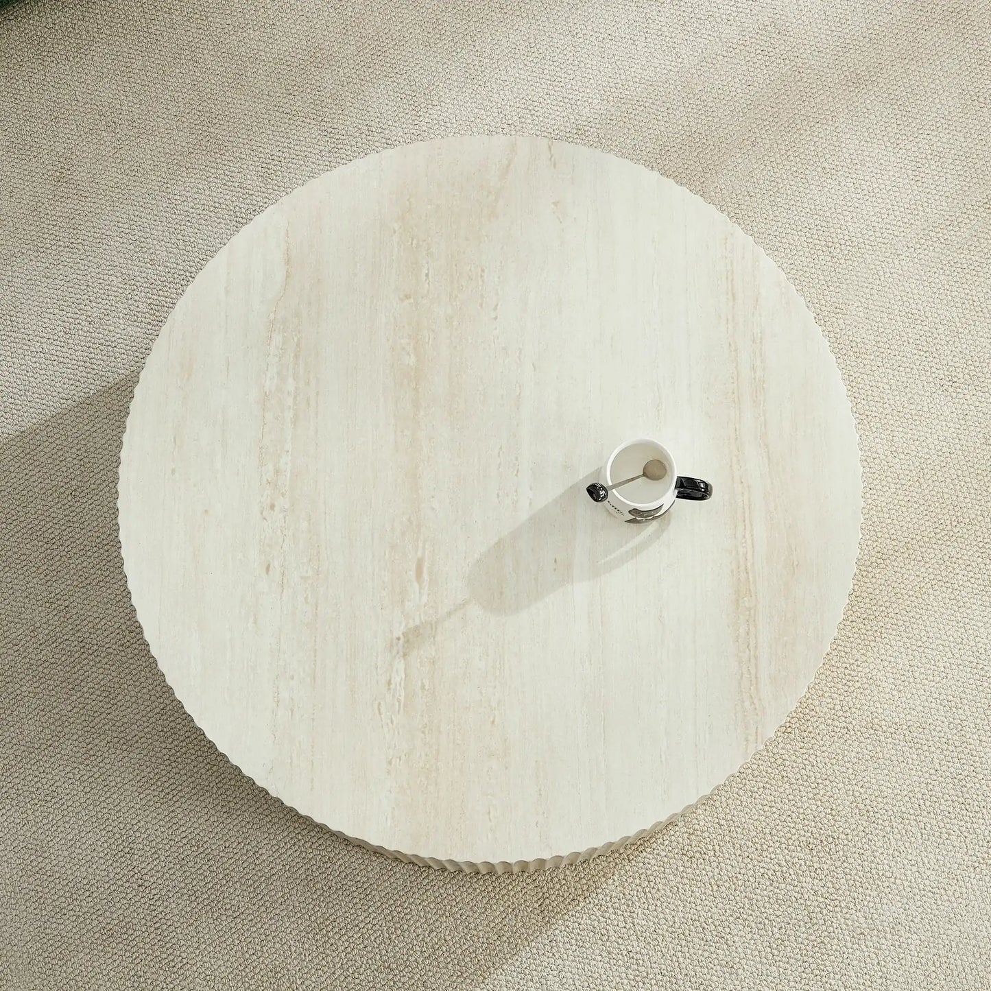 Faux Travertine Round Coffee Table with Eye-Catching Relief Design
