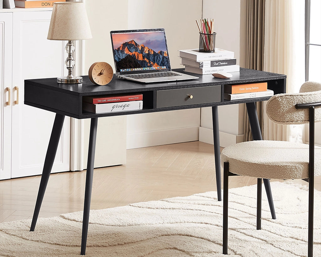 47.24" Mid Century Desk with USB Ports and Power Outlet, Modern Writing Study Desk with Drawers