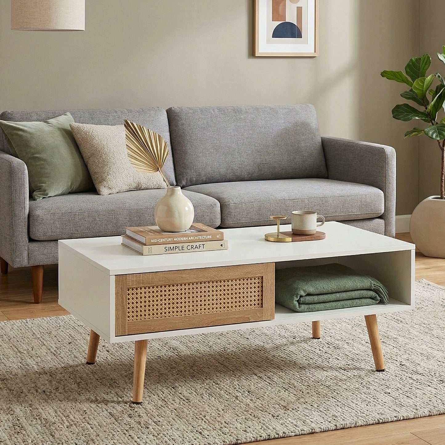 41.34" Rattan Coffee Table – Sliding Door Storage, Solid Wood Legs