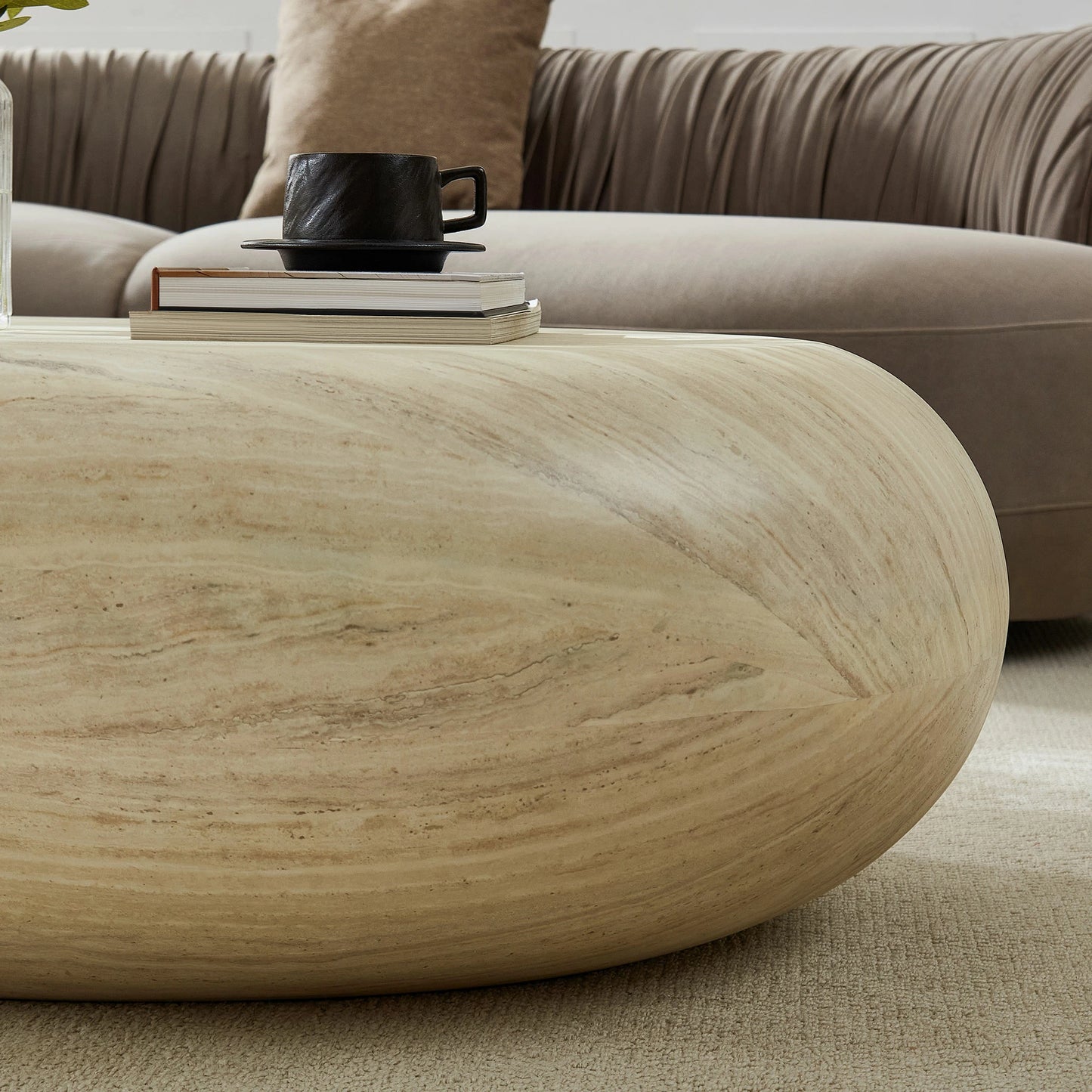 43.31" Elliptical Fiberglass Coffee Table – Matte Rock Texture, No Assembly