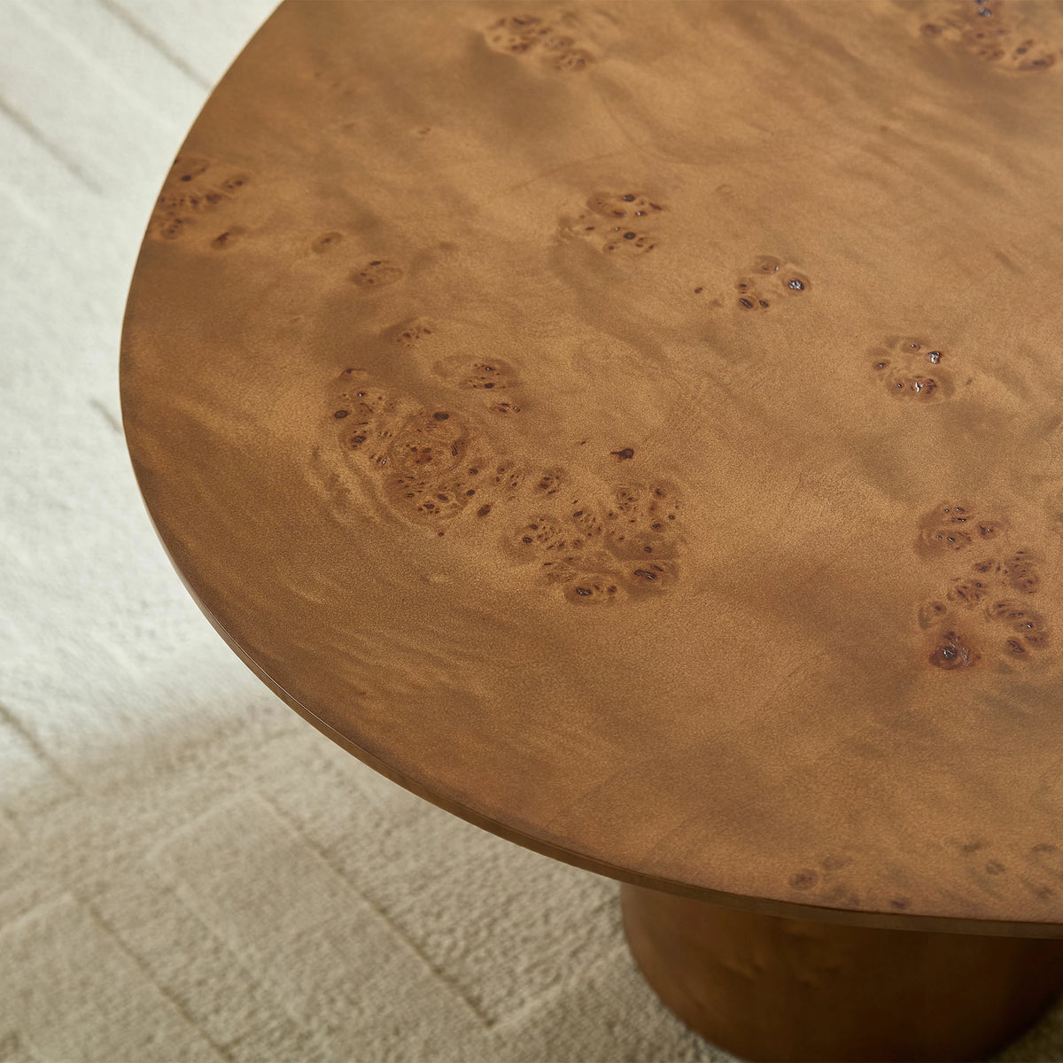 43.31" Burl Veneer Oval Coffee Table – 3 Cylindrical Legs, Mid-Century