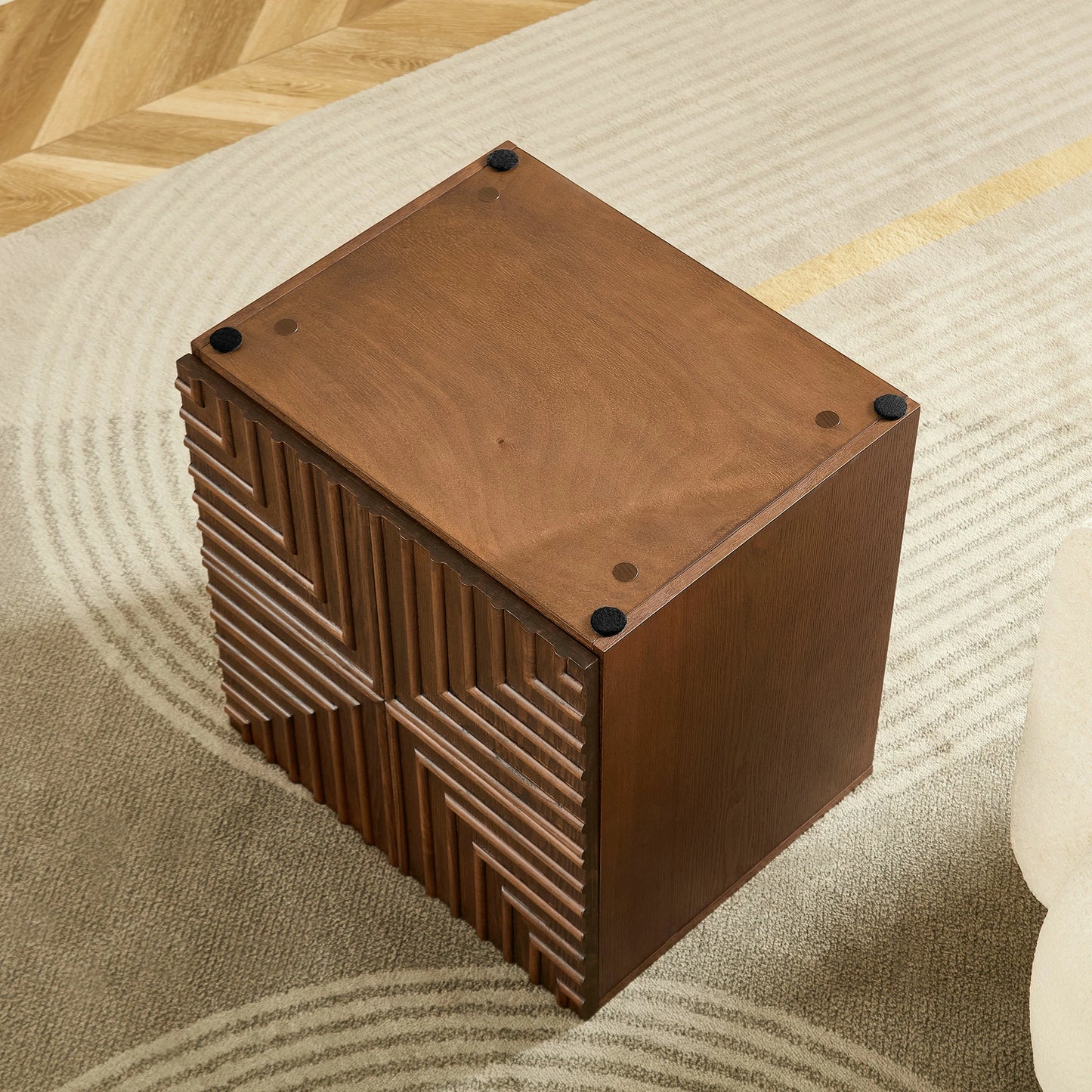 Wooden Side Cabinet – Geometric Embossed Relief, 2 Drawers
