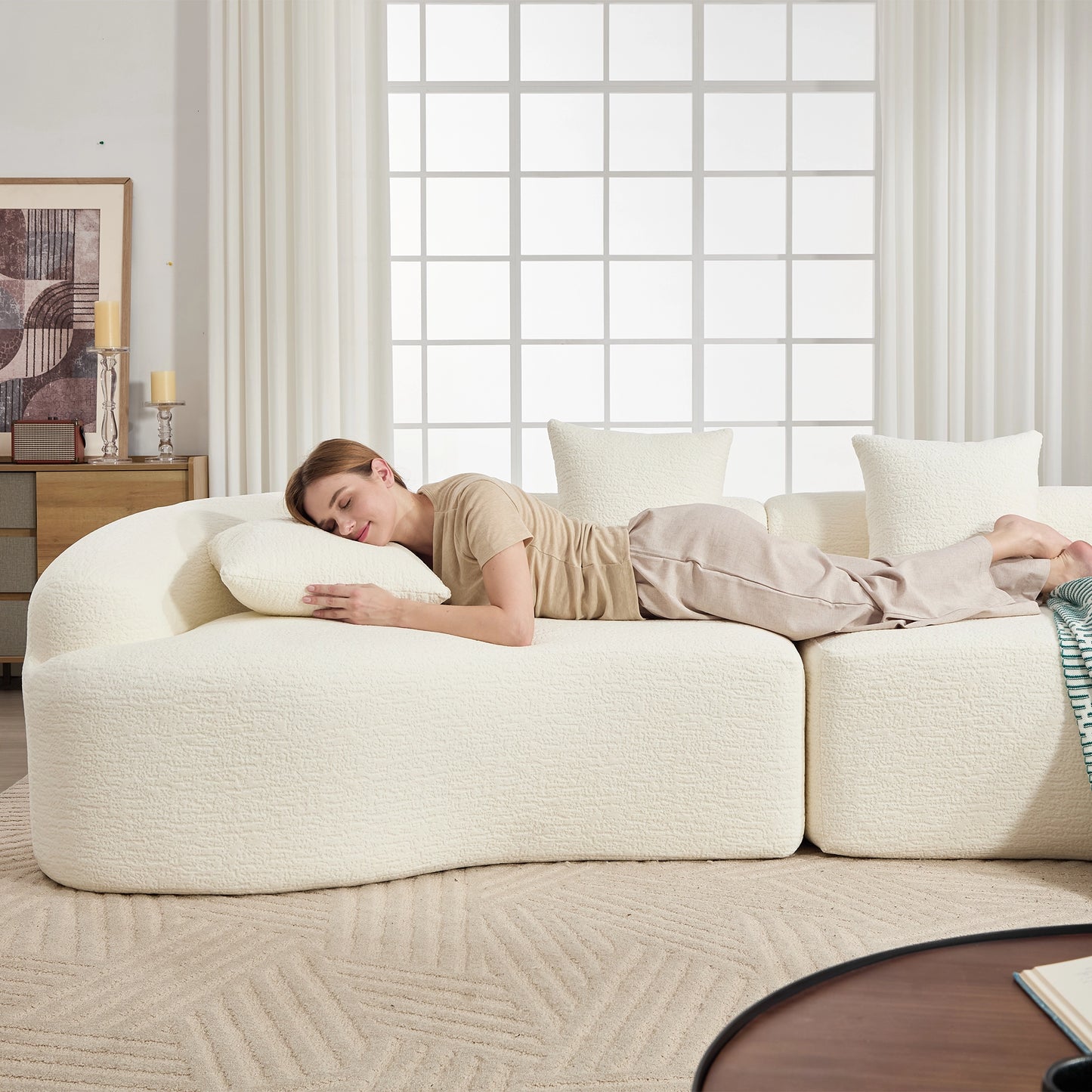 Blue Curved Modular Sectional Sofa, 110" Sleeper with High-Density Chenille