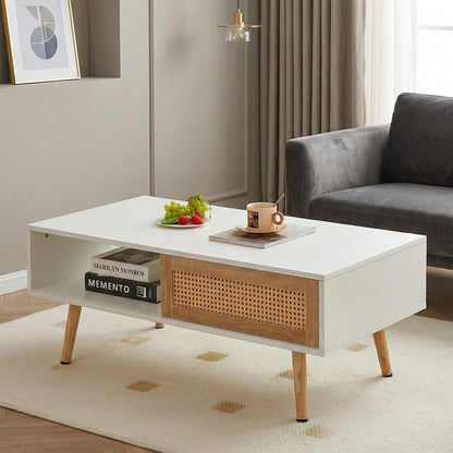 41.34" Rattan Coffee Table – Sliding Door Storage, Solid Wood Legs