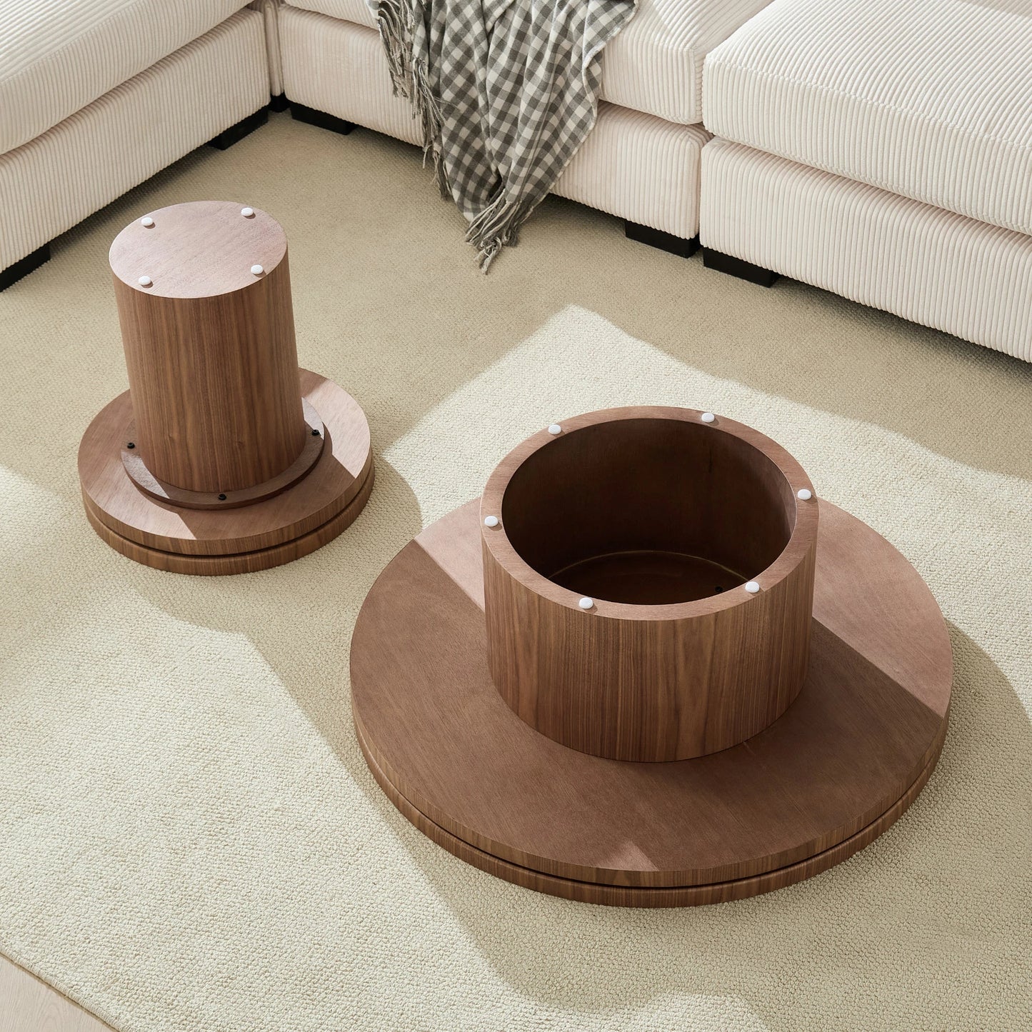 Set of 2 Round Coffee Tables – Sintered Stone Top, Walnut