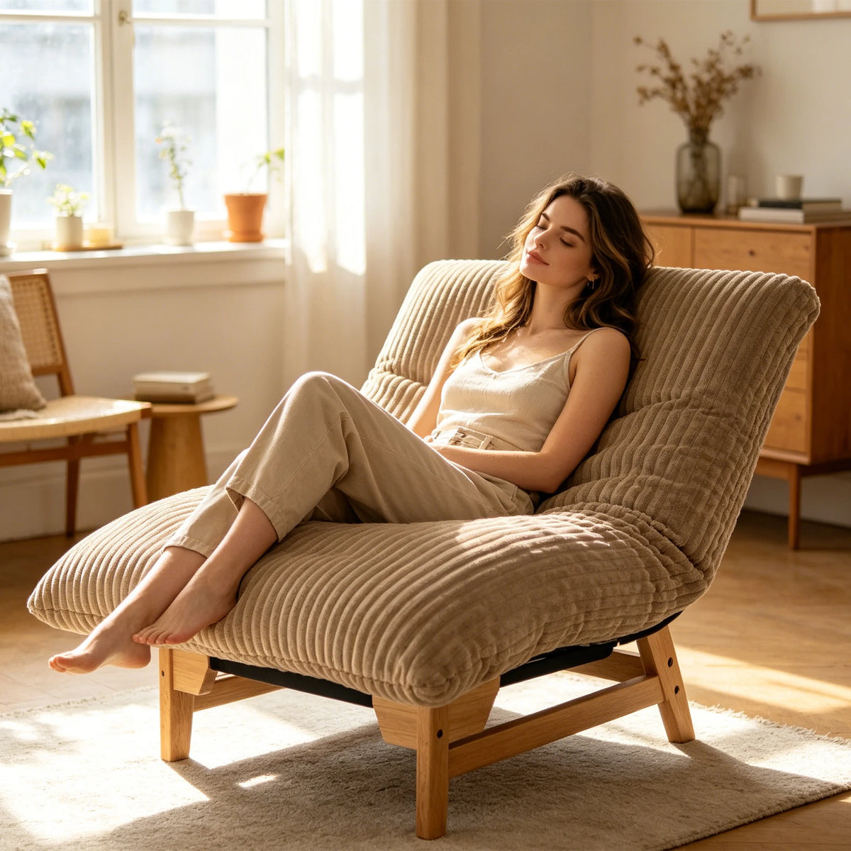 Bean Bag Chair with Solid Wood Frame – Corduroy Accent Lazy Sofa