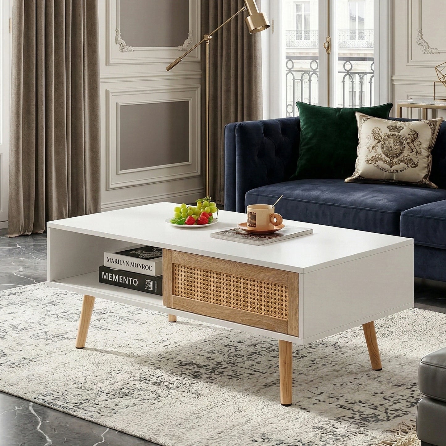 41.34" Rattan Coffee Table – Sliding Door Storage, Solid Wood Legs