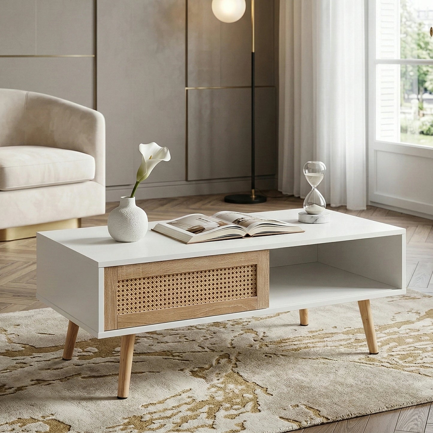 41.34" Rattan Coffee Table – Sliding Door Storage, Solid Wood Legs