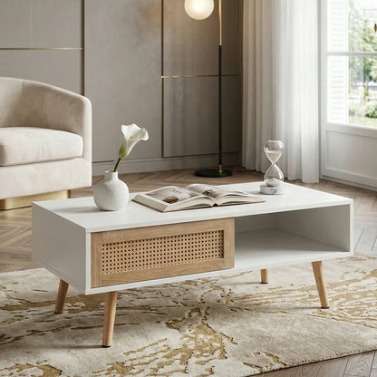 41.34" Rattan Coffee Table – Sliding Door Storage, Solid Wood Legs