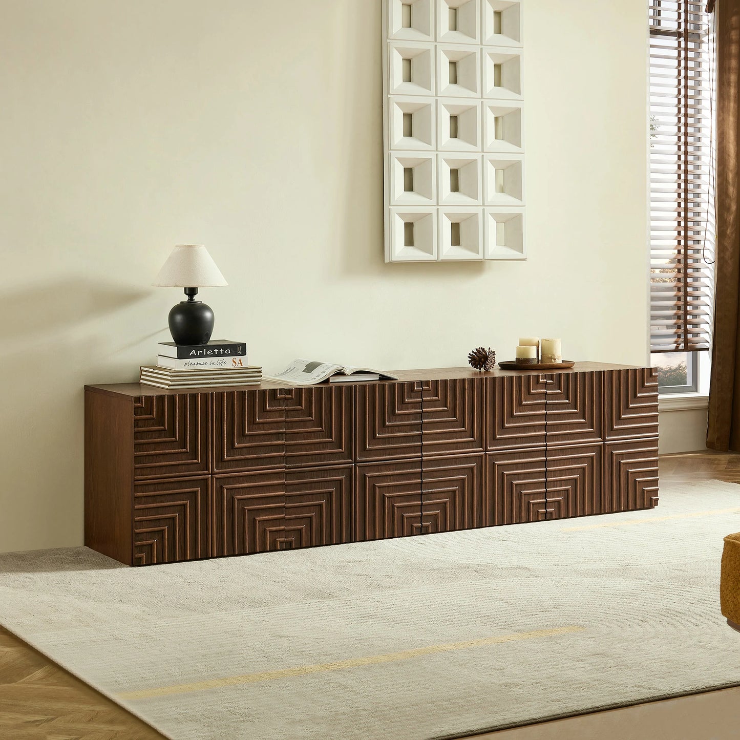 Wooden Side Cabinet – Geometric Embossed Relief, 2 Drawers